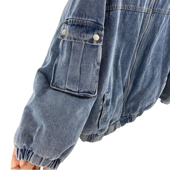Blue Blush Women’s M Oversized Denim Bomber Jacket Blue Insulated Chore Barn - Picture 9 of 16